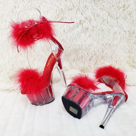 Red Furry Marabou Feather 7" High Heel Platform Shoe - Picture 8 of 15